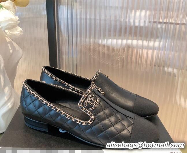 New Style Chanel Chain Leather & Grosgrain Asymmetric Loafers 112252 Black