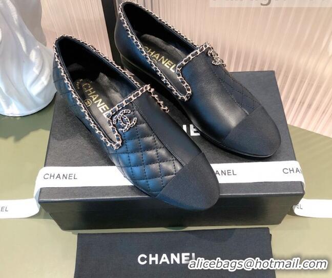 New Style Chanel Chain Leather & Grosgrain Asymmetric Loafers 112252 Black