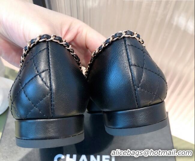 New Style Chanel Chain Leather & Grosgrain Asymmetric Loafers 112252 Black