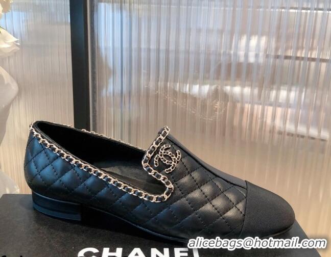 New Style Chanel Chain Leather & Grosgrain Asymmetric Loafers 112252 Black