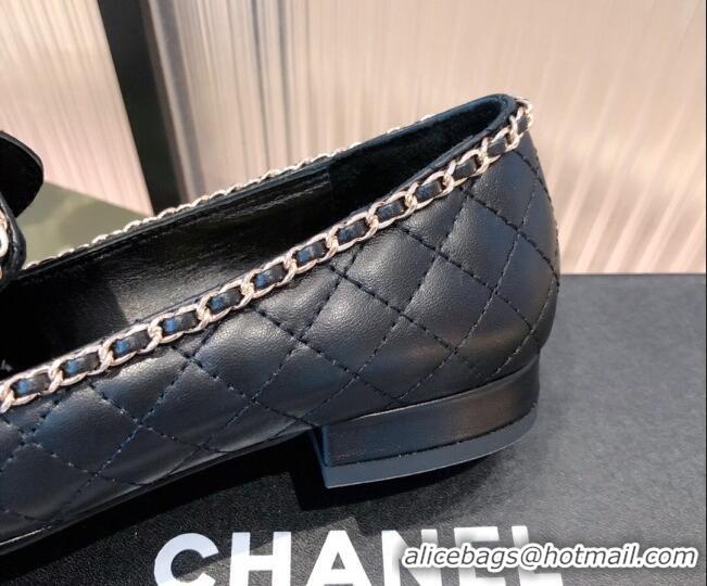 New Style Chanel Chain Leather & Grosgrain Asymmetric Loafers 112252 Black