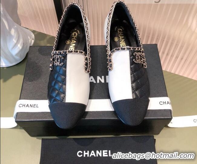 Best Price Chanel Chain Leather & Grosgrain Asymmetric Loafers 112253 Black/White