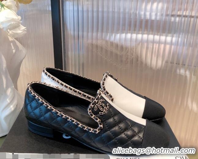 Best Price Chanel Chain Leather & Grosgrain Asymmetric Loafers 112253 Black/White