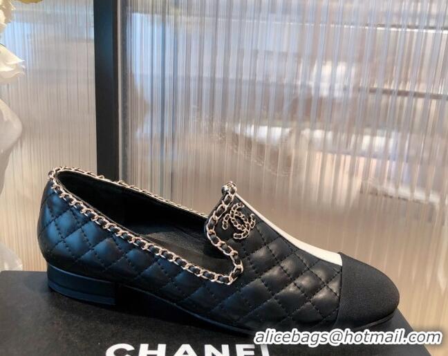 Best Price Chanel Chain Leather & Grosgrain Asymmetric Loafers 112253 Black/White