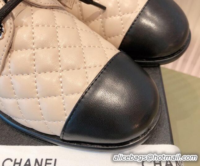 Unique Grade Chanel Quilted Leather Lace-ups Shoe 112257 Beige