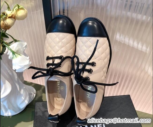 Unique Grade Chanel Quilted Leather Lace-ups Shoe 112257 Beige