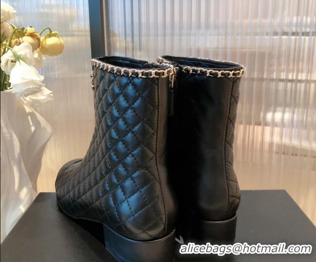 Classic Practical Chanel Chain Leather & Grosgrain Asymmetric Ankle Boots 112258 Black