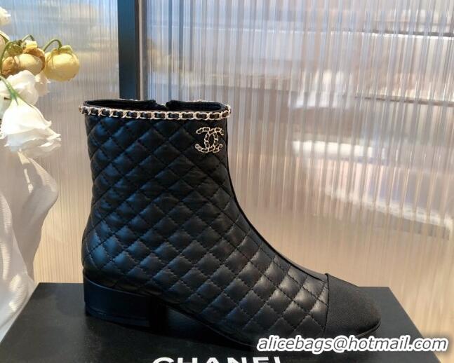 Classic Practical Chanel Chain Leather & Grosgrain Asymmetric Ankle Boots 112258 Black