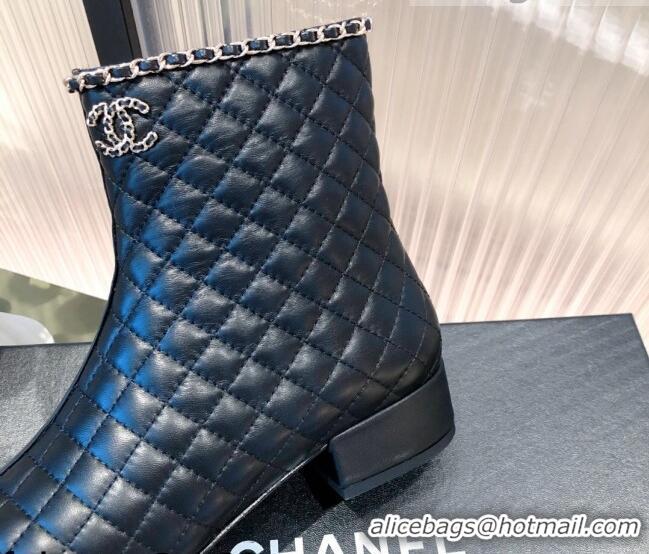 Classic Practical Chanel Chain Leather & Grosgrain Asymmetric Ankle Boots 112258 Black