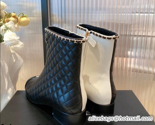 Perfect Chanel Chain Leather & Grosgrain Asymmetric Ankle Boots 112259 Black/White