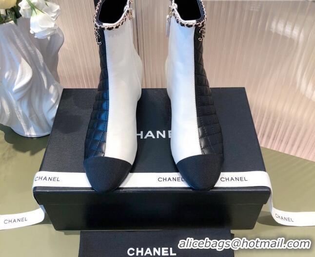 Perfect Chanel Chain Leather & Grosgrain Asymmetric Ankle Boots 112259 Black/White