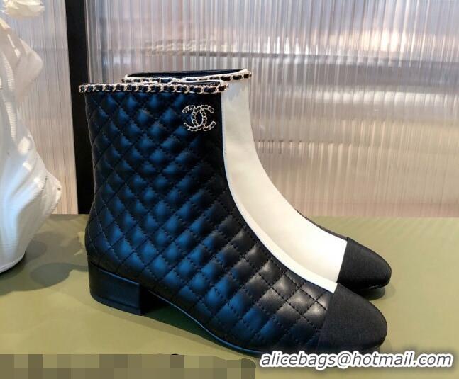 Perfect Chanel Chain Leather & Grosgrain Asymmetric Ankle Boots 112259 Black/White