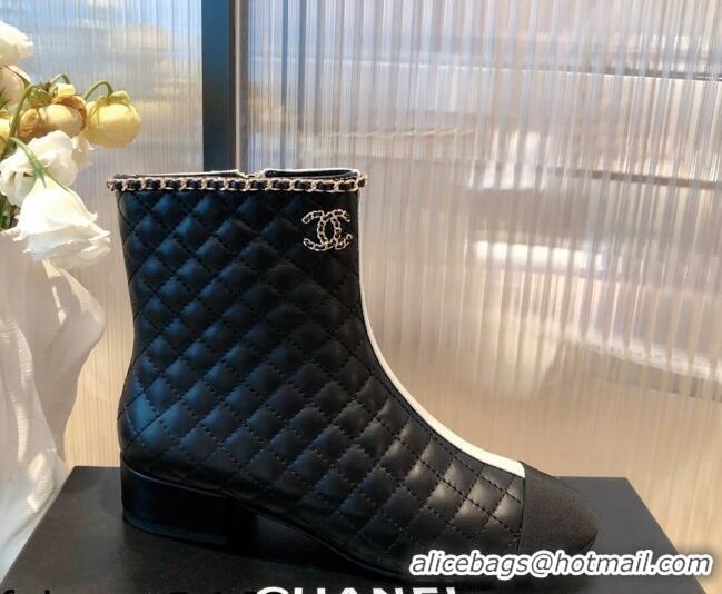 Perfect Chanel Chain Leather & Grosgrain Asymmetric Ankle Boots 112259 Black/White