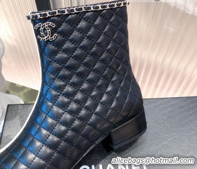 Perfect Chanel Chain Leather & Grosgrain Asymmetric Ankle Boots 112259 Black/White