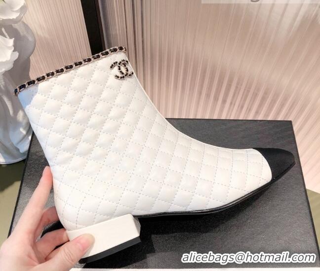 Good Product Chanel Chain Leather & Grosgrain Asymmetric Ankle Boots 112260 White