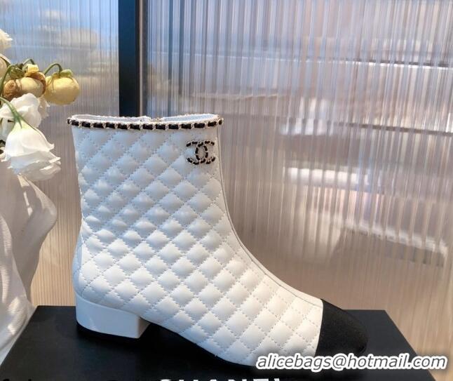 Good Product Chanel Chain Leather & Grosgrain Asymmetric Ankle Boots 112260 White