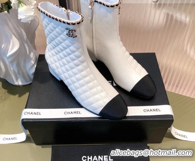 Good Product Chanel Chain Leather & Grosgrain Asymmetric Ankle Boots 112260 White