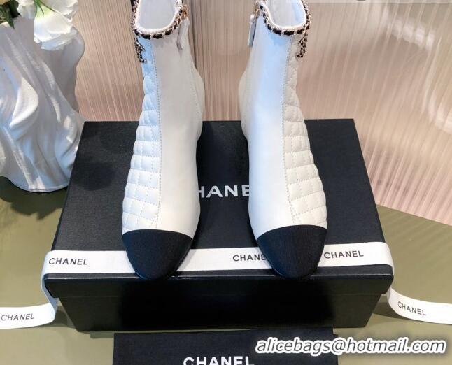 Good Product Chanel Chain Leather & Grosgrain Asymmetric Ankle Boots 112260 White