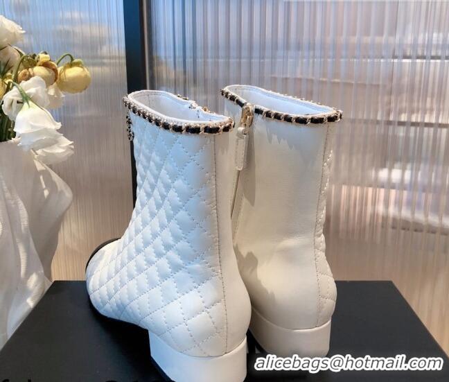 Good Product Chanel Chain Leather & Grosgrain Asymmetric Ankle Boots 112260 White