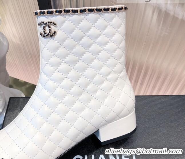 Good Product Chanel Chain Leather & Grosgrain Asymmetric Ankle Boots 112260 White