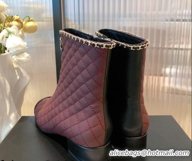 Fashion Chanel Chain Leather & Grosgrain Asymmetric Ankle Boots 112261 Black/Burgundy 