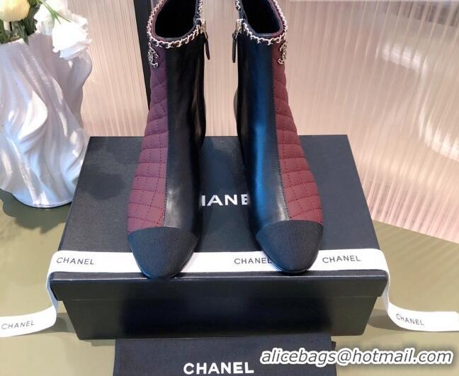 Fashion Chanel Chain Leather & Grosgrain Asymmetric Ankle Boots 112261 Black/Burgundy 