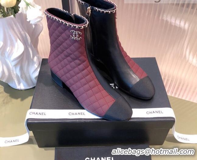 Fashion Chanel Chain Leather & Grosgrain Asymmetric Ankle Boots 112261 Black/Burgundy 