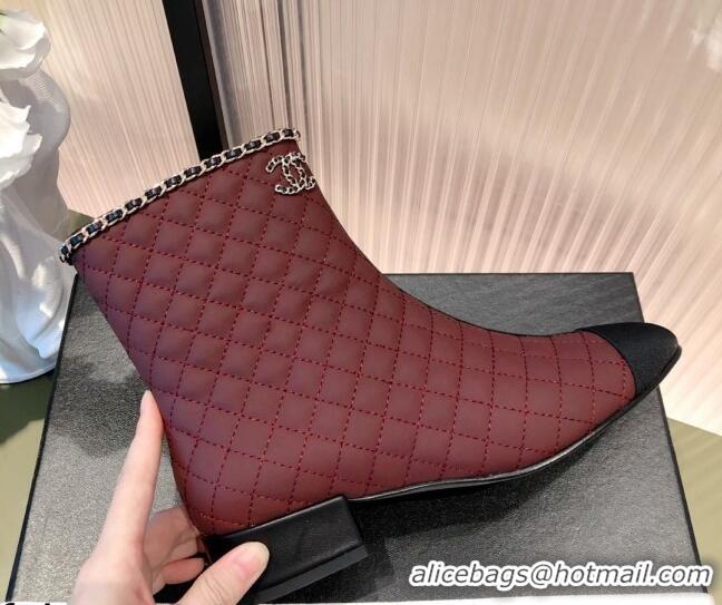 Fashion Chanel Chain Leather & Grosgrain Asymmetric Ankle Boots 112261 Black/Burgundy 