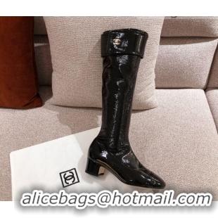 Low Cost Chanel Patent Crumpled Leather High Boots 112264 Black