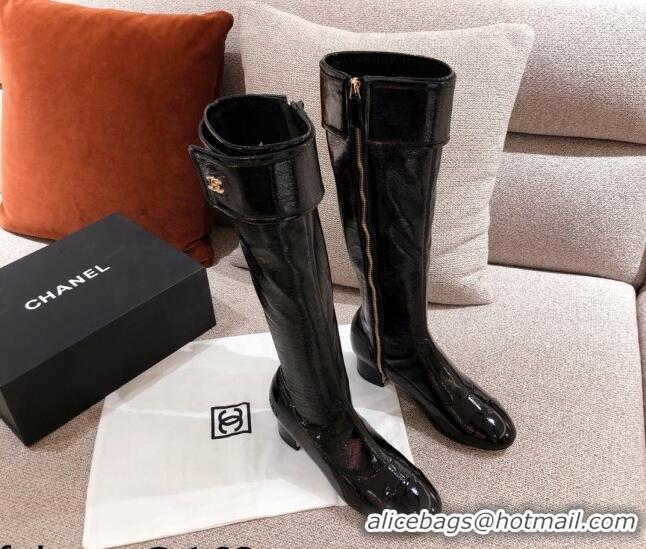 Low Cost Chanel Patent Crumpled Leather High Boots 112264 Black