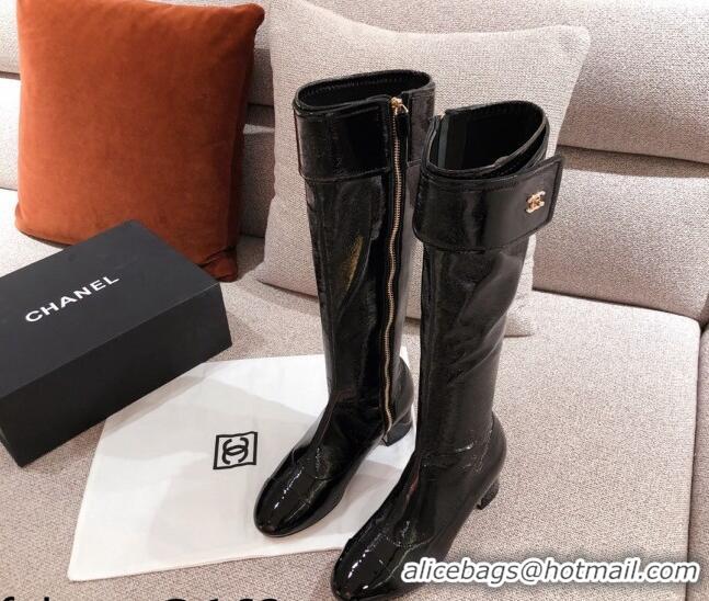 Low Cost Chanel Patent Crumpled Leather High Boots 112264 Black