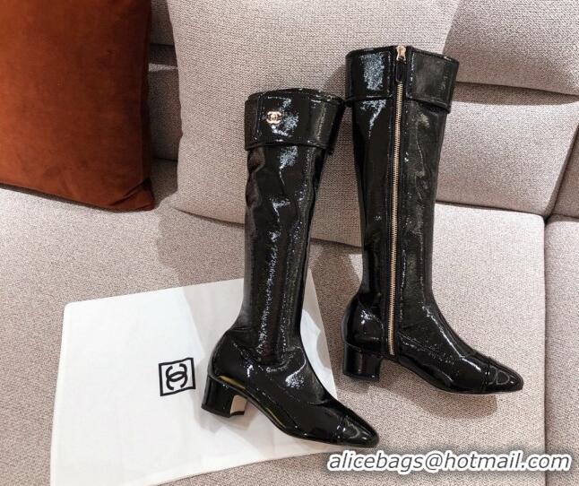 Low Cost Chanel Patent Crumpled Leather High Boots 112264 Black