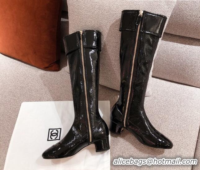 Low Cost Chanel Patent Crumpled Leather High Boots 112264 Black