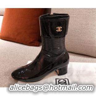 Discount Design Chanel Patent Crumpled Leather Ankle Boots G35468 Black