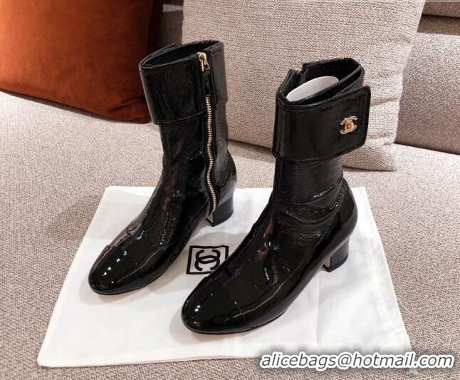 Discount Design Chanel Patent Crumpled Leather Ankle Boots G35468 Black