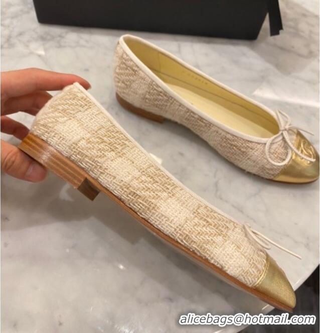 Good Quality Chanel Tweed & Leather Ballerinas 112280 Beige/Gold