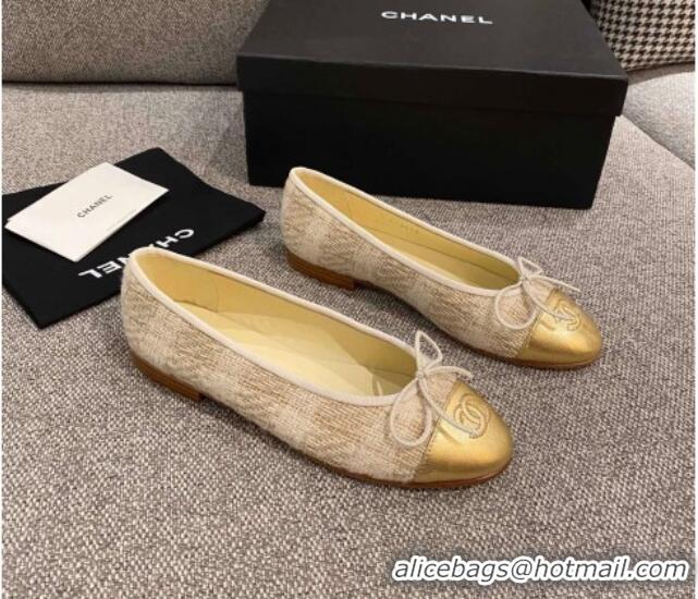 Good Quality Chanel Tweed & Leather Ballerinas 112280 Beige/Gold