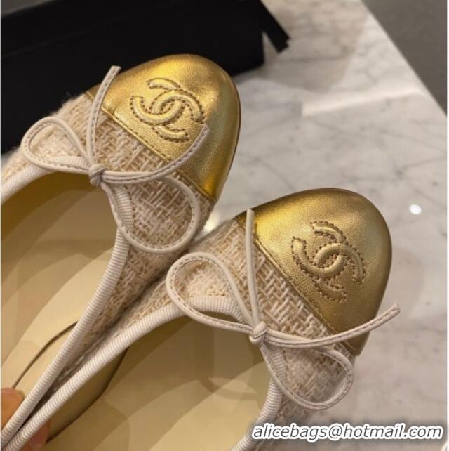 Good Quality Chanel Tweed & Leather Ballerinas 112280 Beige/Gold