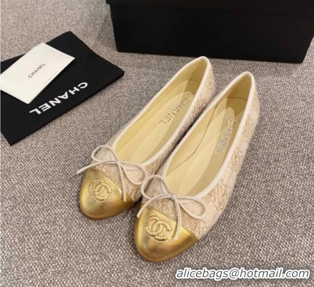 Good Quality Chanel Tweed & Leather Ballerinas 112280 Beige/Gold