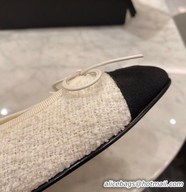 Top Quality Chanel Tweed & Grosgrain Ballerinas 112281 White/Black