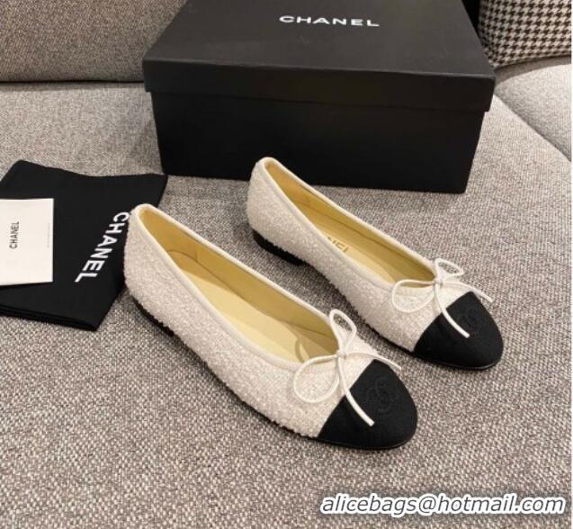 Top Quality Chanel Tweed & Grosgrain Ballerinas 112281 White/Black