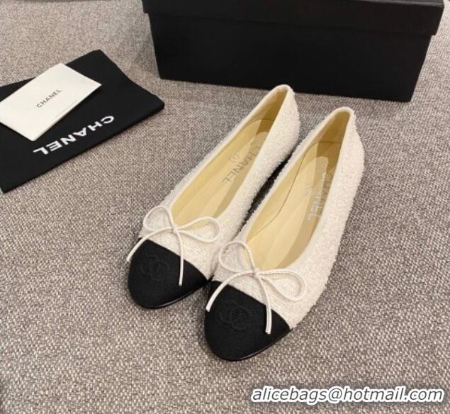 Top Quality Chanel Tweed & Grosgrain Ballerinas 112281 White/Black