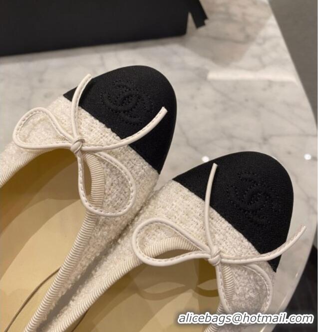 Top Quality Chanel Tweed & Grosgrain Ballerinas 112281 White/Black