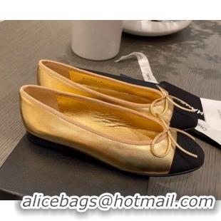 Top Design Chanel Tweed & Grosgrain Ballerinas 112281 Gold/Black