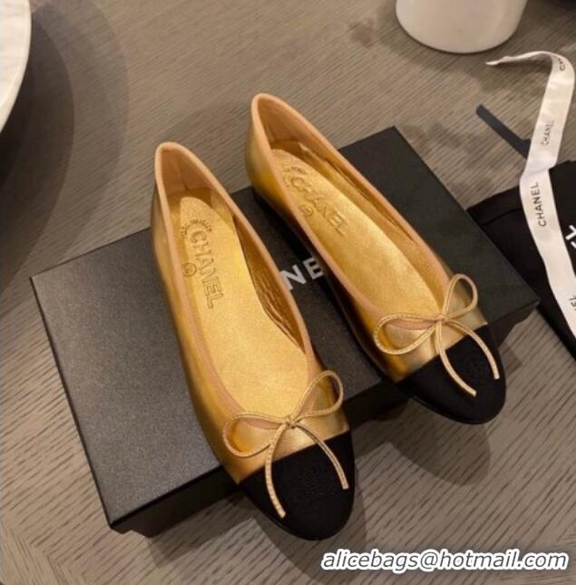 Top Design Chanel Tweed & Grosgrain Ballerinas 112281 Gold/Black