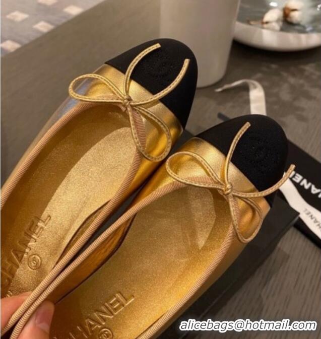 Top Design Chanel Tweed & Grosgrain Ballerinas 112281 Gold/Black