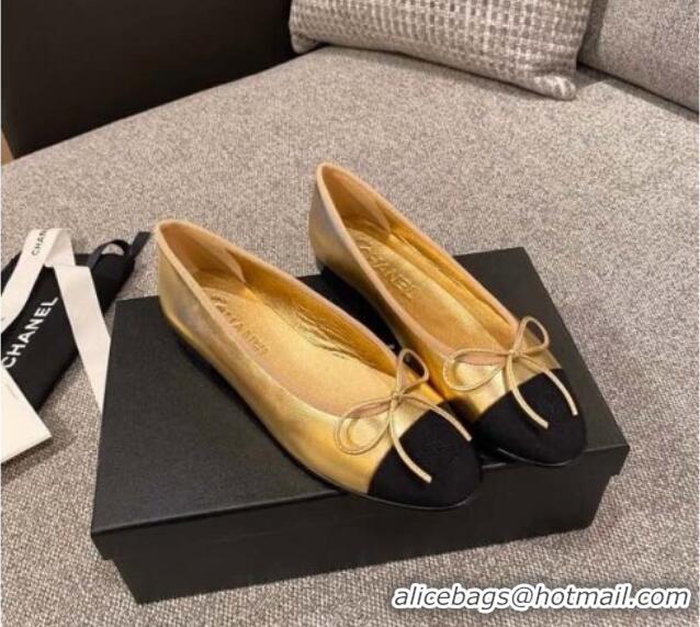 Top Design Chanel Tweed & Grosgrain Ballerinas 112281 Gold/Black