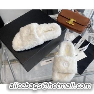 Best Design Chanel Fur CC Flat Slide Sandals White 112299