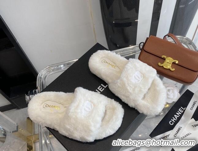 Best Design Chanel Fur CC Flat Slide Sandals White 112299