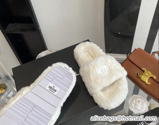 Best Design Chanel Fur CC Flat Slide Sandals White 112299